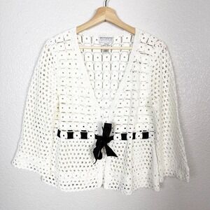 Cottagecore Crochet Knit Womens Sz M Boho Italian Pima Cotton Front Tie Cardigan